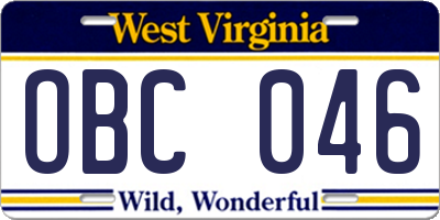 WV license plate OBC046