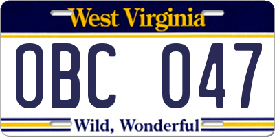 WV license plate OBC047