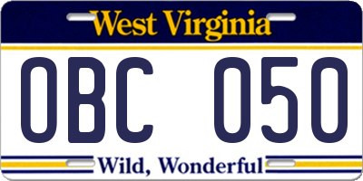 WV license plate OBC050