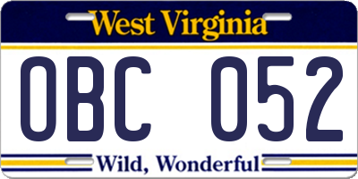 WV license plate OBC052