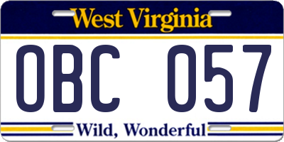WV license plate OBC057