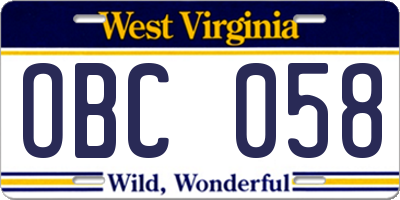 WV license plate OBC058