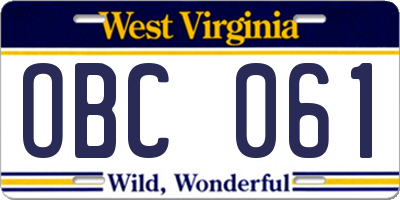 WV license plate OBC061