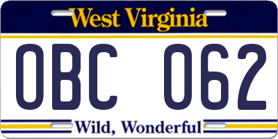 WV license plate OBC062