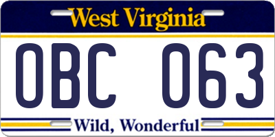 WV license plate OBC063