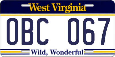 WV license plate OBC067