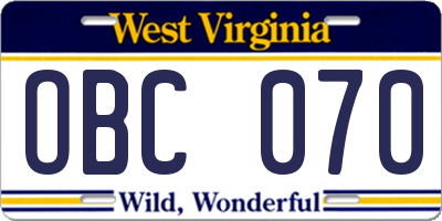 WV license plate OBC070