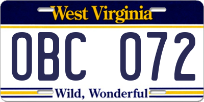 WV license plate OBC072