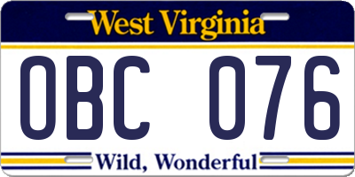 WV license plate OBC076