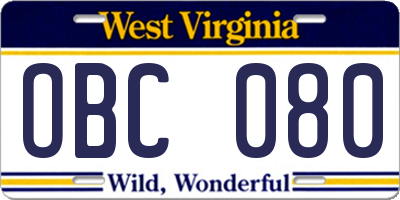 WV license plate OBC080