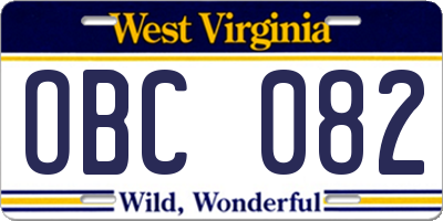 WV license plate OBC082