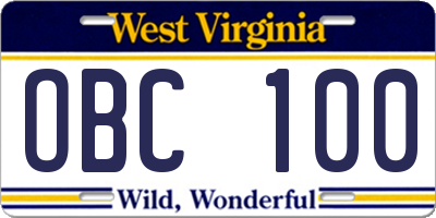 WV license plate OBC100