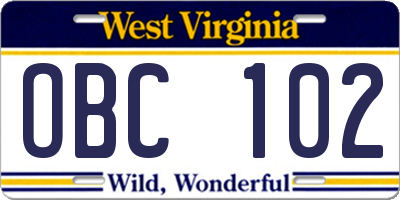 WV license plate OBC102