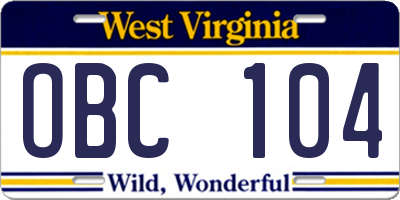 WV license plate OBC104