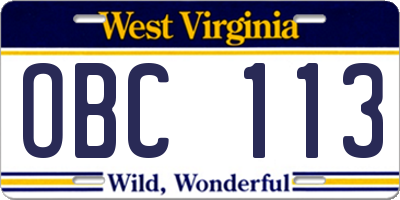 WV license plate OBC113