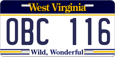 WV license plate OBC116