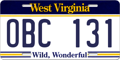 WV license plate OBC131