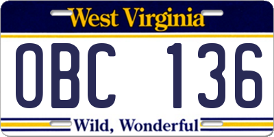 WV license plate OBC136