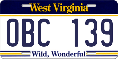 WV license plate OBC139