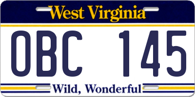 WV license plate OBC145