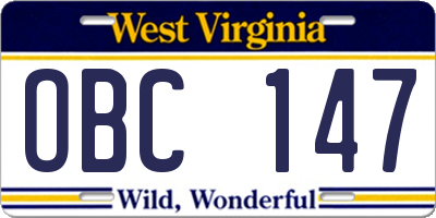 WV license plate OBC147