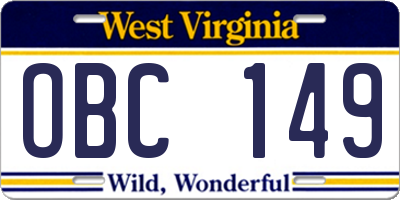 WV license plate OBC149