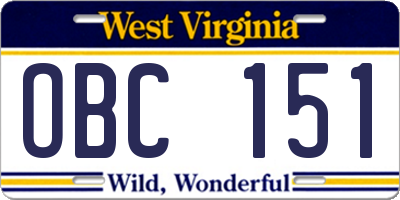WV license plate OBC151