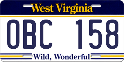 WV license plate OBC158