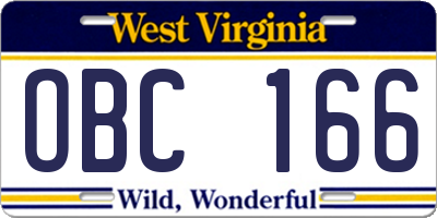 WV license plate OBC166
