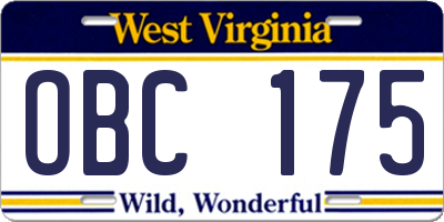 WV license plate OBC175