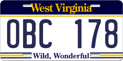 WV license plate OBC178