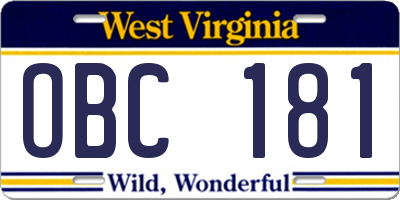 WV license plate OBC181