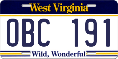 WV license plate OBC191