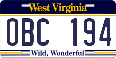 WV license plate OBC194