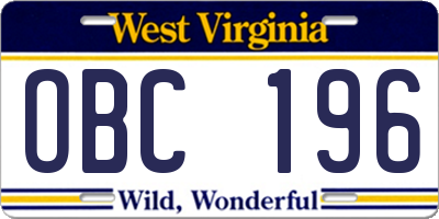 WV license plate OBC196