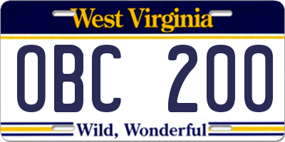 WV license plate OBC200
