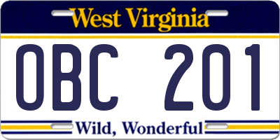 WV license plate OBC201
