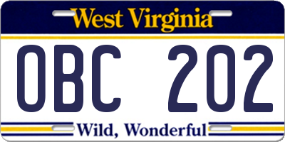 WV license plate OBC202