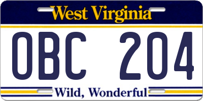 WV license plate OBC204