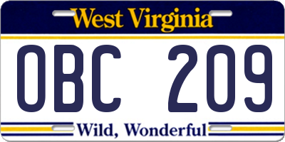 WV license plate OBC209