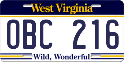 WV license plate OBC216