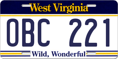 WV license plate OBC221