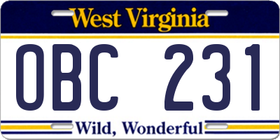 WV license plate OBC231