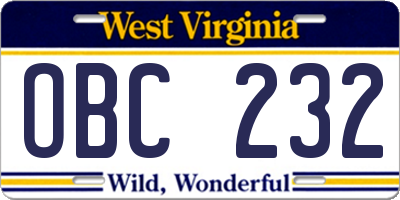WV license plate OBC232