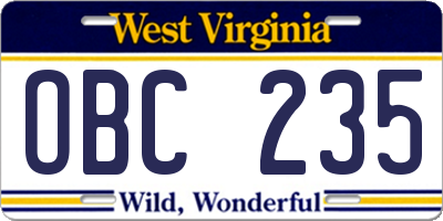 WV license plate OBC235