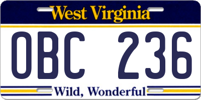 WV license plate OBC236