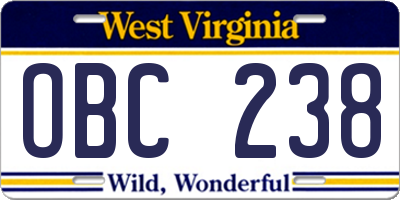 WV license plate OBC238