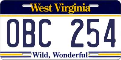 WV license plate OBC254