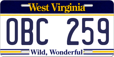 WV license plate OBC259