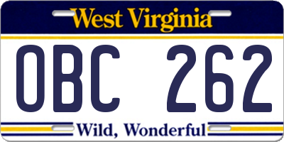 WV license plate OBC262